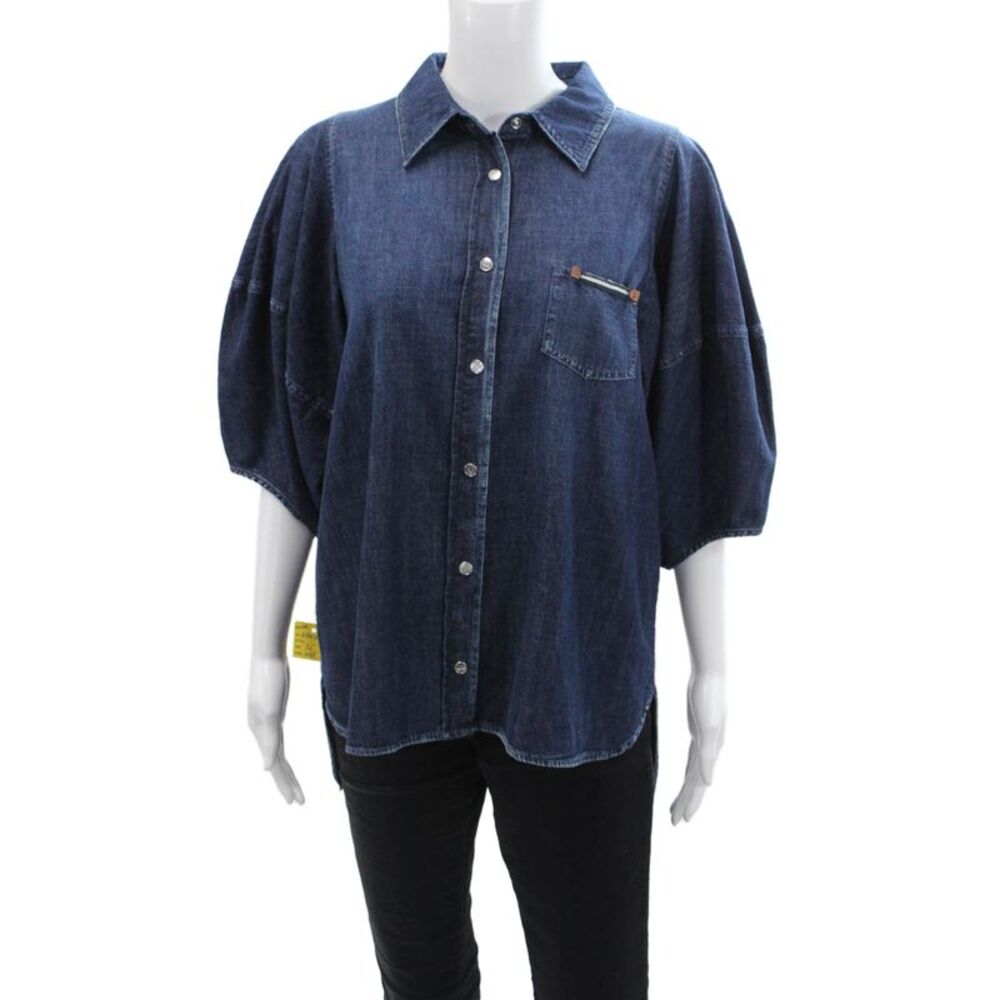 Lorena Antoniazzi Womens Cotton Short Sleeve Denim Blouse Top Navy Size 48